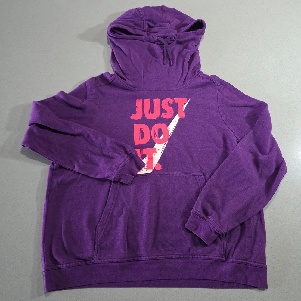 Nike Womens Just Do It Graphic Hoodie Purple Pink Funnel Neck Pullover XL